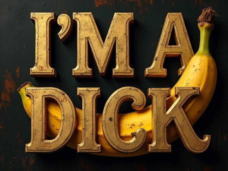 ornate capital letters I'M A DICK on a rich dark background near the artistic representation of a banana