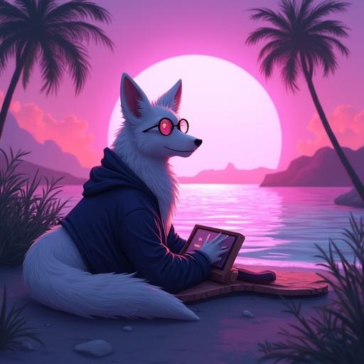 Anthropomorphic white fox character wearing glasses on a tropical island. Fox is in a relaxed pose using a tablet. Beautiful purple sunrise in the background with palm trees.
