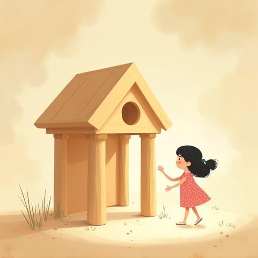 Children's book illustration shows Leila interacting with her symbolic wooden house. The house is constructed from five pillars with a dome on top. Leila is a young girl in a pink polka-dot dress. The scene is in a dreamy atmosphere with soft glowing ground and misty surroundings. Camera angle is tilted.