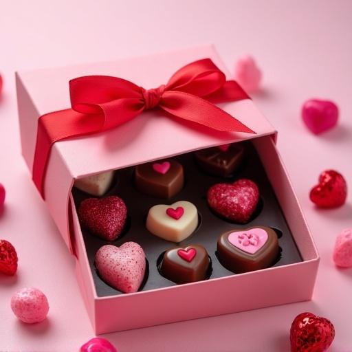 A set of 16 Valentine's day chocolates arranged in a pink box decorated with ribbons. The box is open showing assorted chocolates inside. Hearts and decorative candies surround the box.