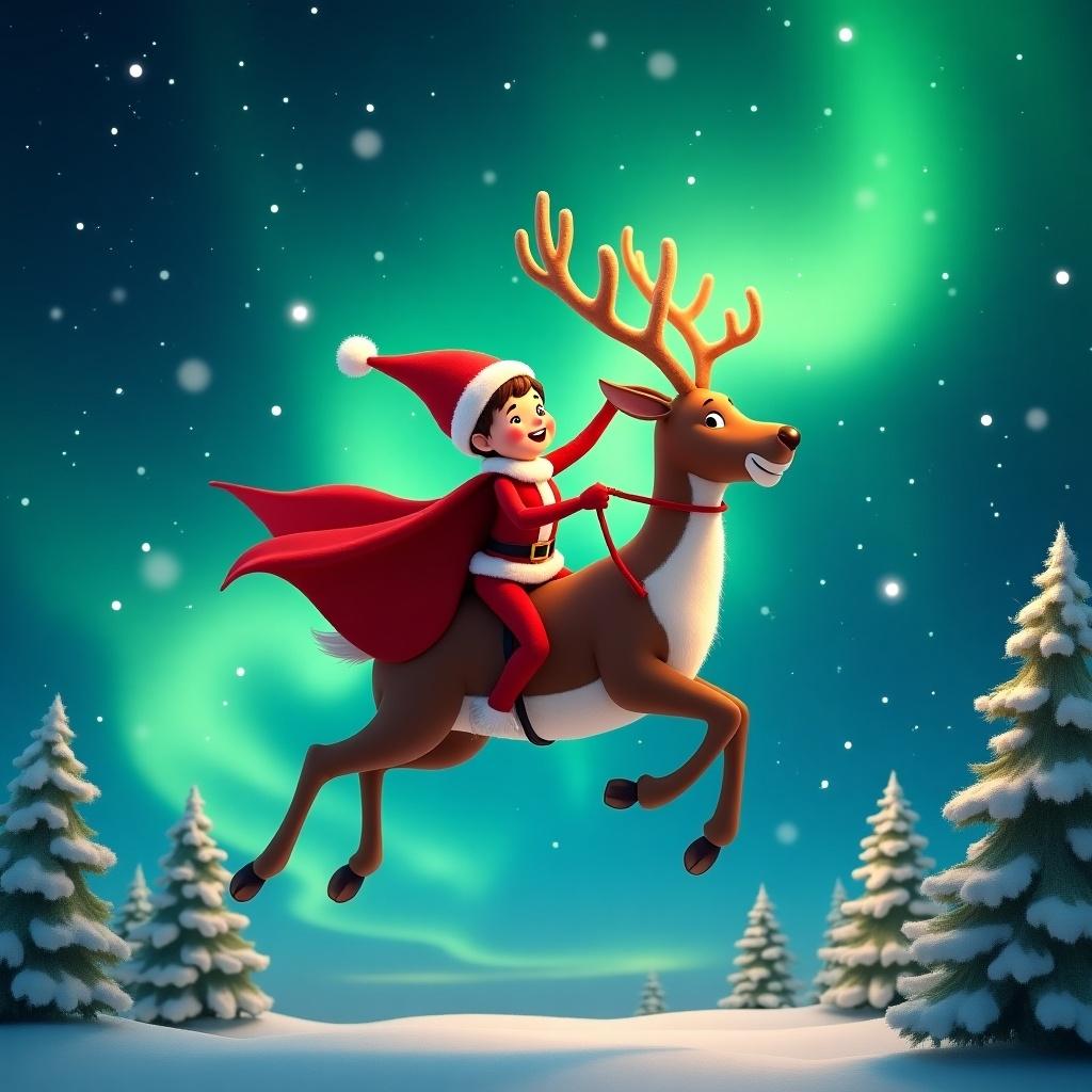 This image captures a joyful scene featuring an elf on the shelf named Ryleigh riding a reindeer through a starry night sky. Ryleigh is wearing a red Santa hat and a festive cape, radiating holiday cheer. Below, snow-dusted Christmas trees create a winter wonderland. The northern lights illuminate the sky with mesmerizing greens and blues. The atmosphere is enchanting, making it a perfect illustration for celebrating the holiday season.