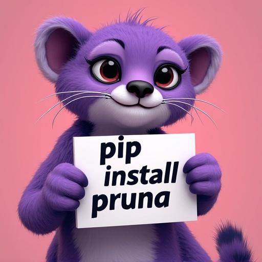 A purple cheetah character stands holding a sign. The sign has the text 'pip install pruna' displayed prominently. The background is a soft pink color.