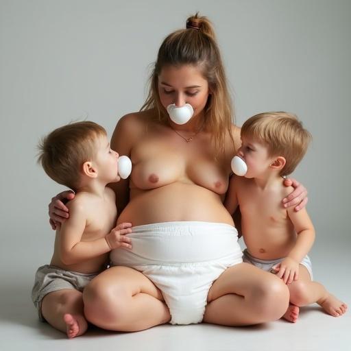 Mother interacts playfully with two children. All three have oversized pacifiers. Mother wears an oversized diaper. Humor and joy in family moments.