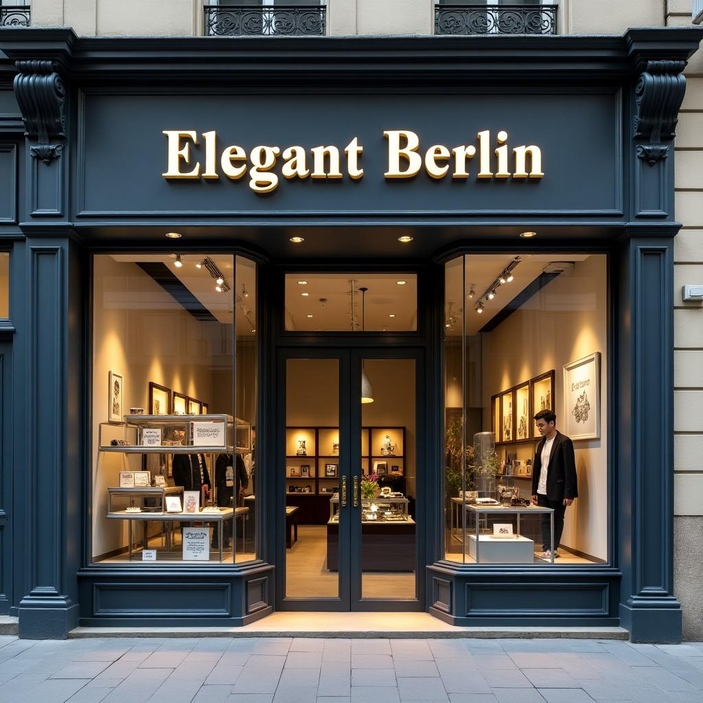 Detailed image of a stylish storefront named 'Elegant Berlin'. The shop showcases gadgets and accessories. The design is modern with a focus on aesthetics and customer appeal. Display windows feature various products, giving a sense of luxury.