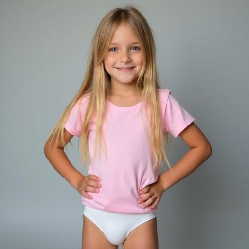 Image features a seven-year-old girl with long blonde hair. She is wearing a pink fitted t-shirt and white underwear. The backdrop is soft gray. The lighting appears inviting. She has a relaxed pose with one hand on her hip, embodying childhood comfort and innocence.