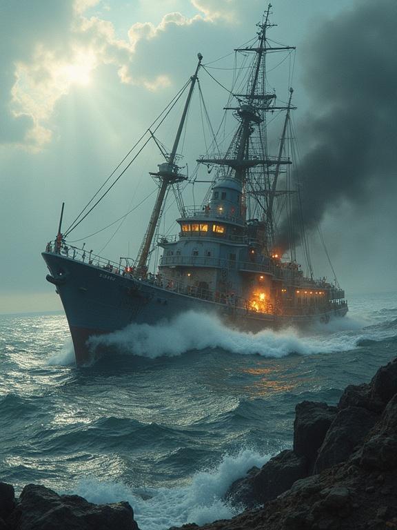Stylized representation of strange effects on the crew. Merged figures with a destroyer ship. Cinematic atmosphere with natural light. Realistic and highly detailed execution.