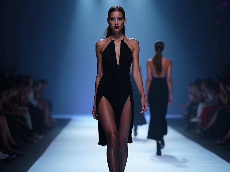 A high-fashion runway show features a model in a black dress with an asymmetrical design and thigh-high slits. She pairs the dress with sheer tights and high-heeled ankle boots. The model has long hair in a low ponytail, bold makeup with dark lipstick and dramatic eye shadow, and walks confidently down the runway. Another model is blurred in the background, wearing a similar outfit. The scene uses soft, dramatic lighting with cool tones, creating a sophisticated atmosphere. Focus on textures, contrasts, and composition.