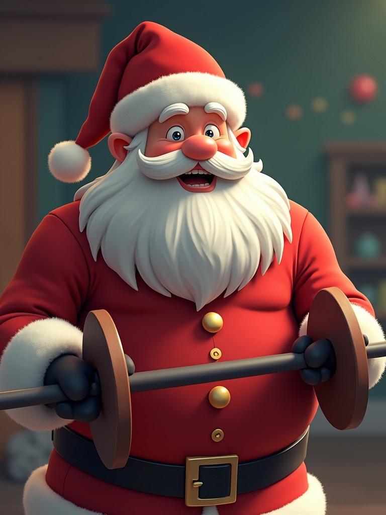 Santa Claus is lifting weights. Santa wears a red suit with a white beard. The scene is cheerful and animated. The background suggests a festive atmosphere. Santa smiles while exercising.