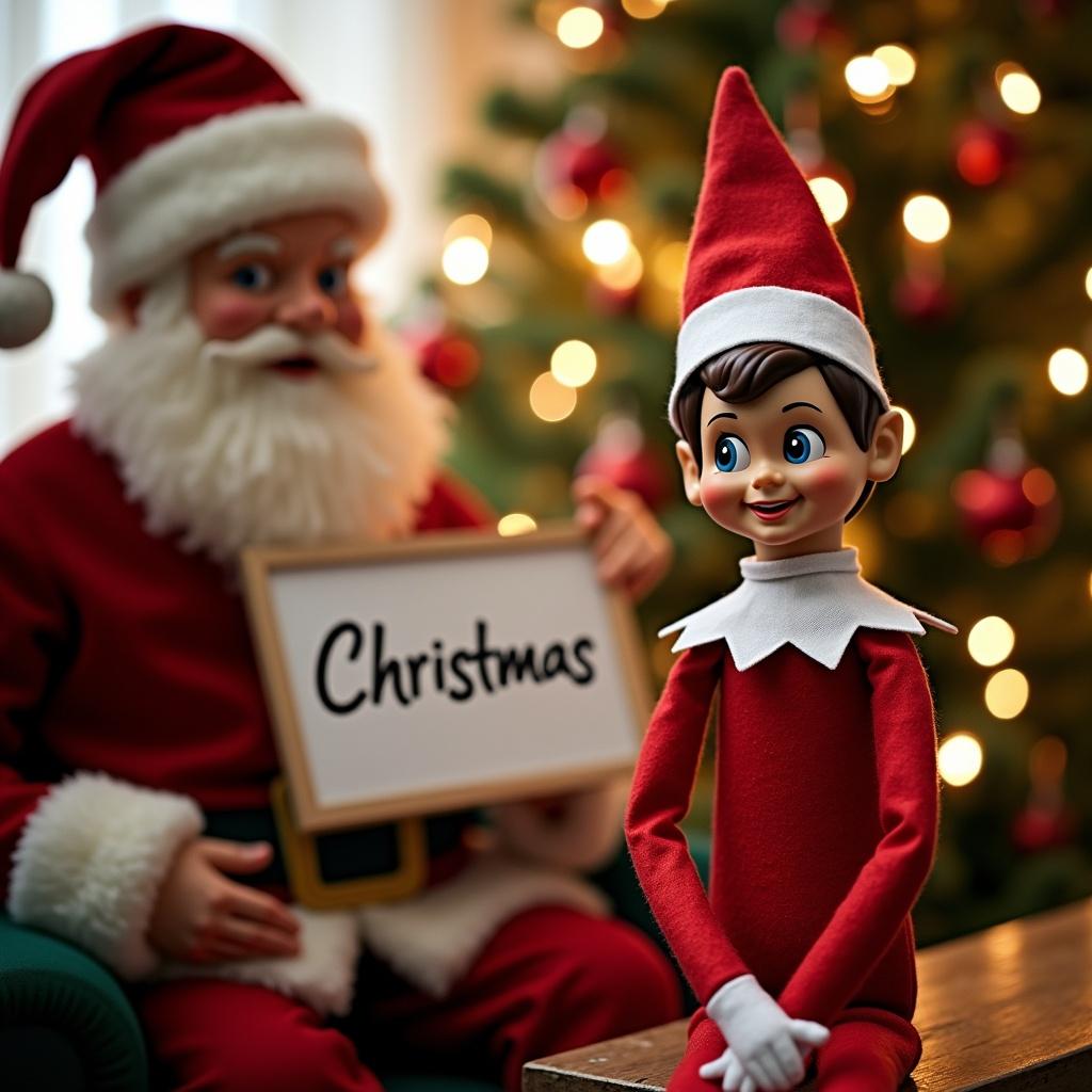 Santa and an elf holding a Christmas sign. Background features a decorated tree with lights. Soft warm lighting enhances the cheerful scene.