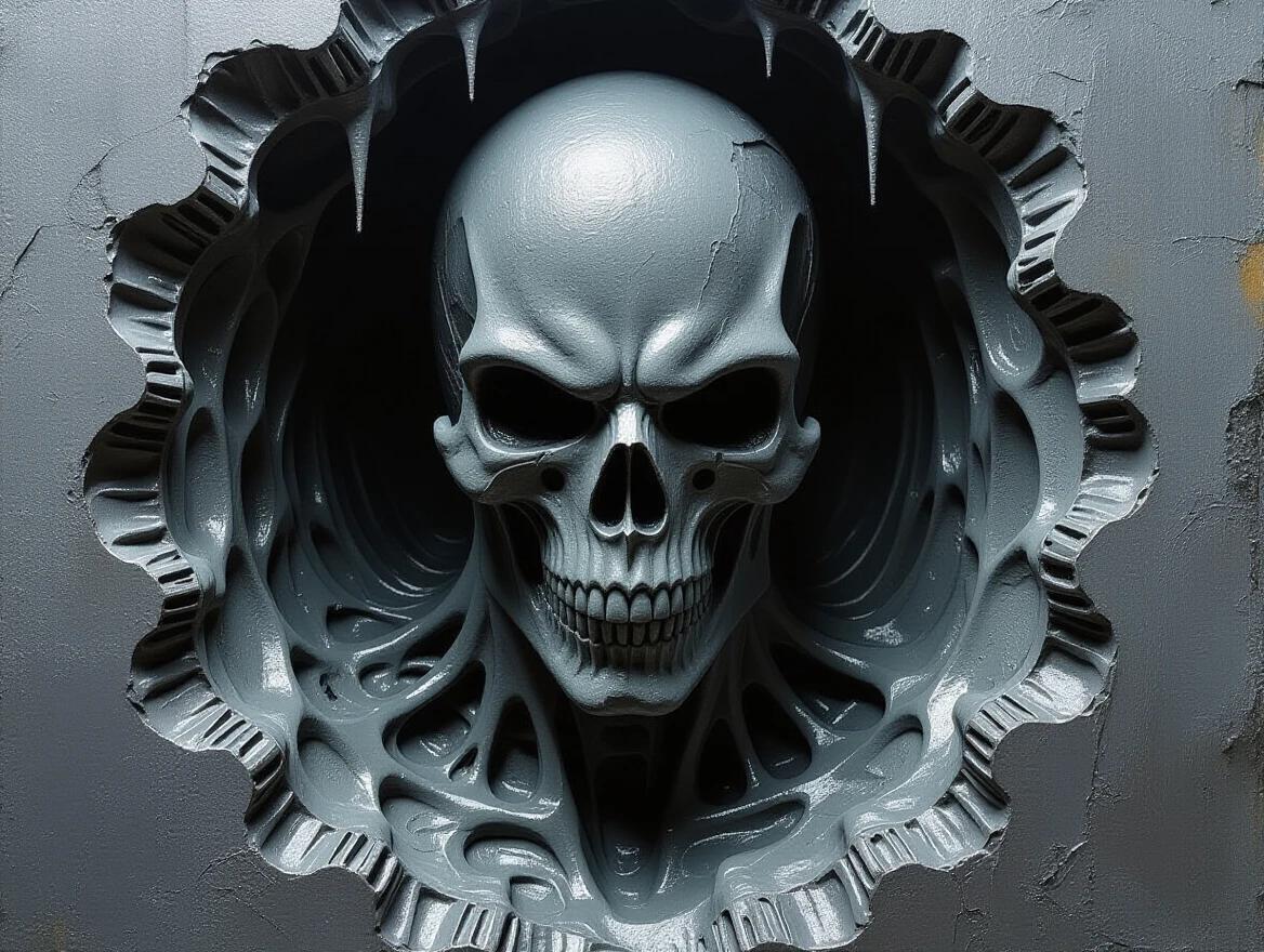 A masterpiece oil painting with extreme impasto. The chilling biomechanical form resembles liquid metal. The artwork hangs in a dark chasm rendered in thick matte monochromatic oil paint, similar to sculpted plaster and concrete. It avoids polished finishes. 