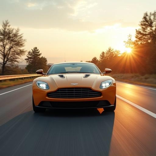 Aston Martin driving down the highway in bright daylight. Detailed car with bright white light filling the scene.