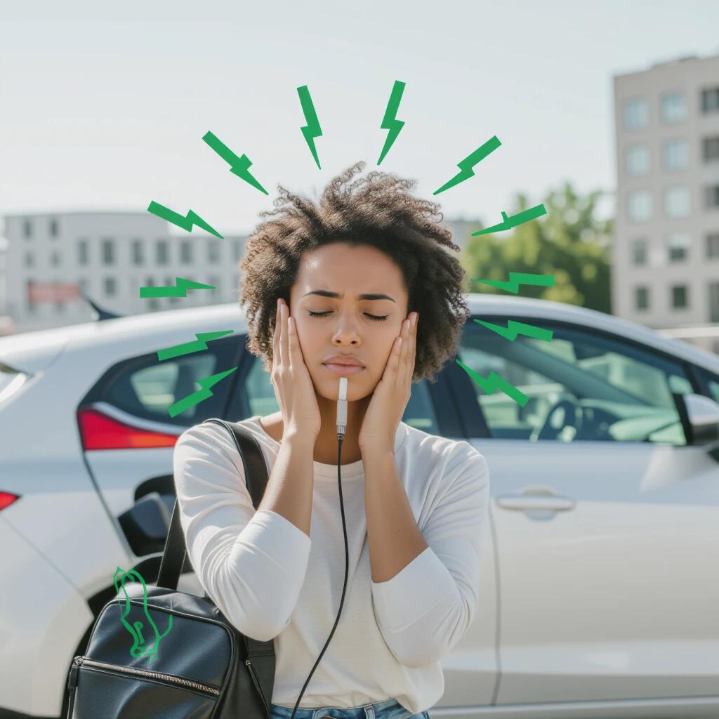 A tired person stands in front of a vehicle expressing a need for recharge. The background shows a car with a charging cable. Green lightning symbols represent energy recharging. A sunny day enhances the scene.