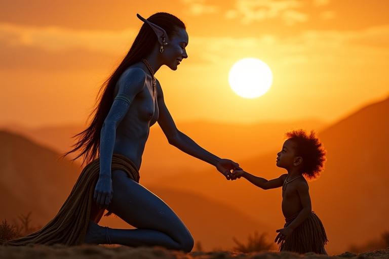 A Na'vi female kneels on a hillside at sunrise. She holds the hand of a Na'vi child. The mother has glowing blue skin with fading scars. The child has red skin and an impressed expression. They are against a vivid orange sun.