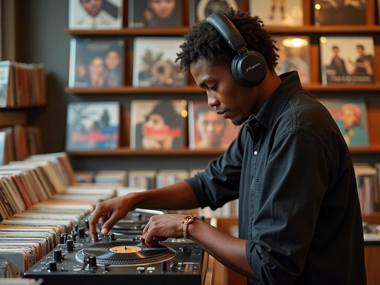 Man playing vinyl records on DJ turntables inside a record store. Wearing professional DJ headphones. Standing in front of vinyl record collections. Enjoying himself while listening to music.