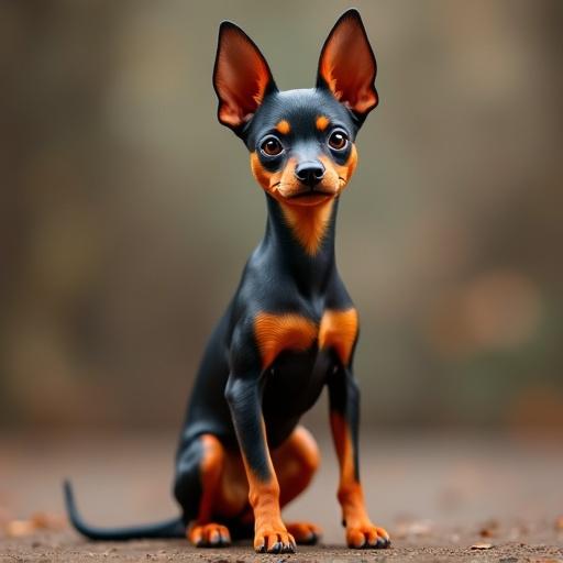 Image of a miniature pinscher dog. The dog has a shiny black coat with tan markings. The dog is sitting. The background is blurred.