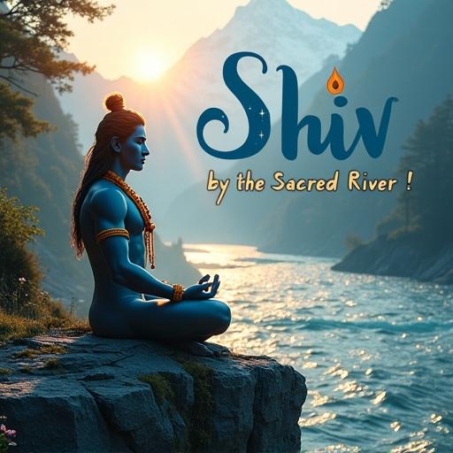 Lord Mahadev Shiv meditates peacefully on a rocky cliff beside a river at dawn. Golden sunlight reflects off the shimmering water. A crescent moon adorns his matted hair with a trishul beside him. Misty Himalayan peaks surround the scene with lush greenery. Lotus flowers float on the river. Bold blue text reads 'Shiv by the Sacred River!' with a trishul icon. Sparkles around Shiv's third eye symbolize cosmic energy. Background features snow-capped mountains and a faint rainbow. Blue gold and green colors create a spiritual atmosphere. Image conveys tranquility and nature connection.