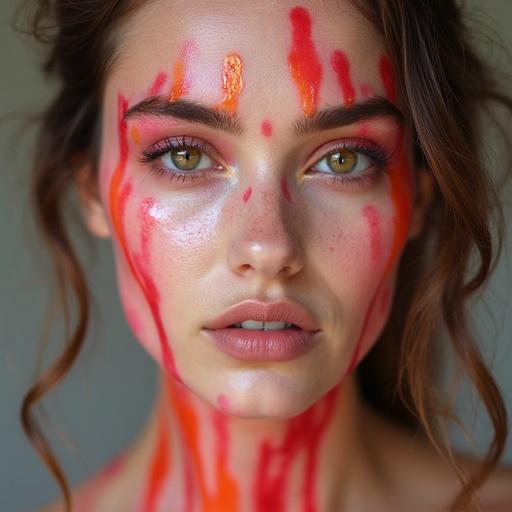 A woman with jelly-like makeup on her face. Vivid colors with streaks of red and orange. The face highlighted in natural light. Emphasis on artistic facial expression.