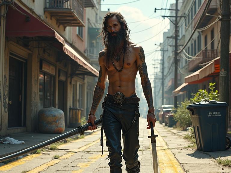Realistic depiction of a slender, rough-looking male hippie. He has long hair and a beard, tattoos on his arms. He wears black leather pants and carries a long sword. The setting is a trashy downtown city with streets marked by yellow lines, trees, and a trash can. Power poles are visible in the background.