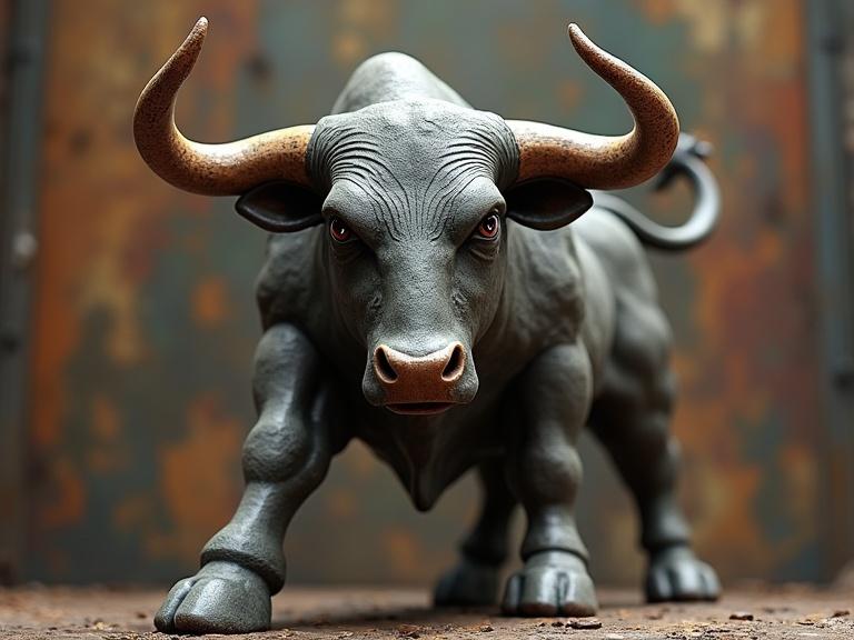 Ceramic bull in heroic pose against abstract backdrop. Dark gothic aesthetics blend with Art Deco style. 3D CGI with color-clay texture.