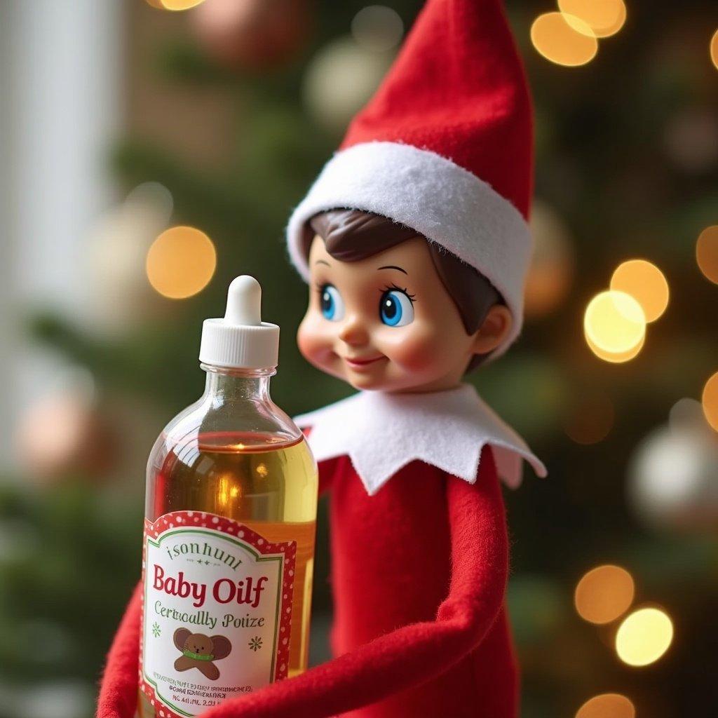 Elf on the shelf holding a bottle of baby oil sitting in warm lighting with a blurred background.