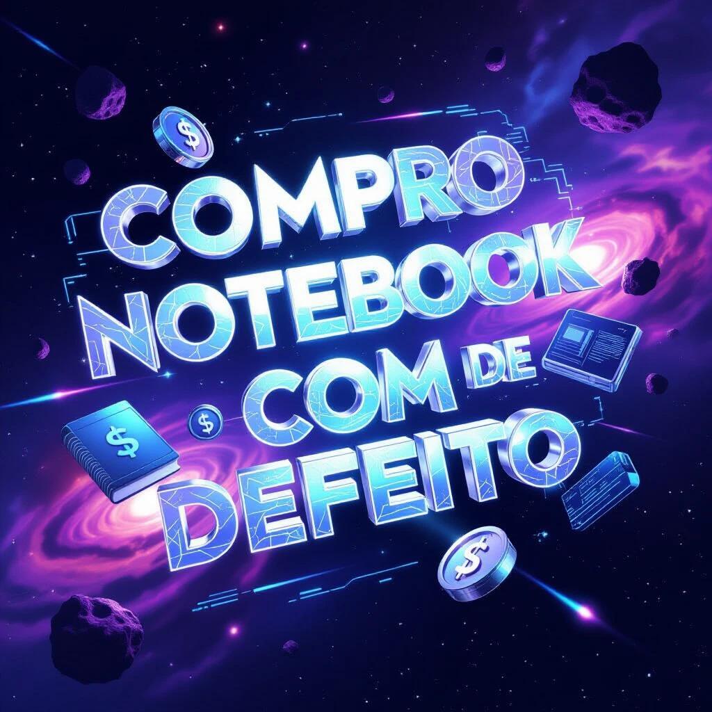 Futuristic space-themed design with 3D text spelling 'COMPRO NOTEBOOK COM DEFEITO'. Sleek silver and blue holographic text floating in zero gravity. Cosmic glow effects with elements like futuristic notebooks, digital currency, high-tech repair tools. Deep space background with purple and blue nebula, floating asteroids, laser beams.