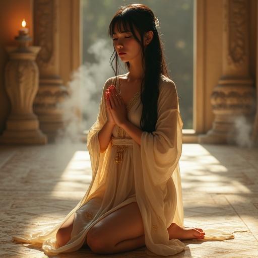 Ultra-realistic portrait of a young noblewoman in a medieval palace bathhouse. Porcelain skin with warm blush. Long black hair flowing down her back. Large brown eyes gently closed. Serene and contemplative expression. Kneeling on ornately tiled floor. Posture upright and graceful. Hands joined at chest in silent prayer. Flowing silk robe with gold embroidery. Emphasizing feminine figure with dignified modesty. Steam rising in golden light of lanterns. Sacred stillness and timeless beauty evoked.