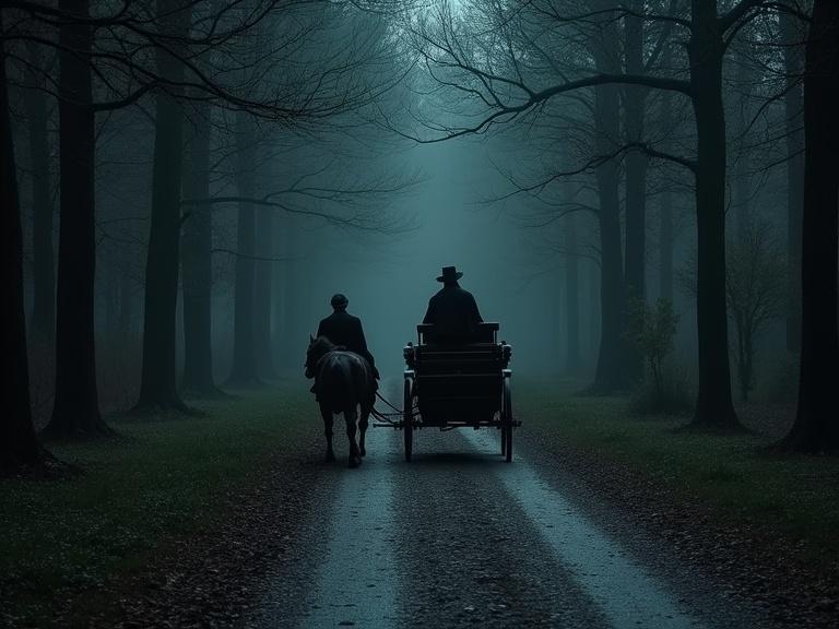 Night scene in a forest along a lane with a carriage drawn by a horse. A coachman drives the carriage while a judge sits on a bench with a cane in his hand. The atmosphere is foggy and mysterious.