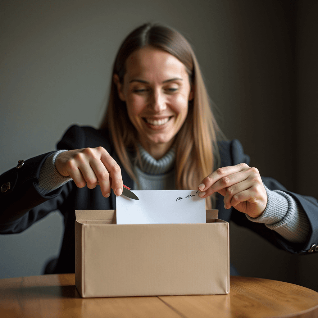 A woman joyfully unboxes a package with a letter, sitting at a wooden table.