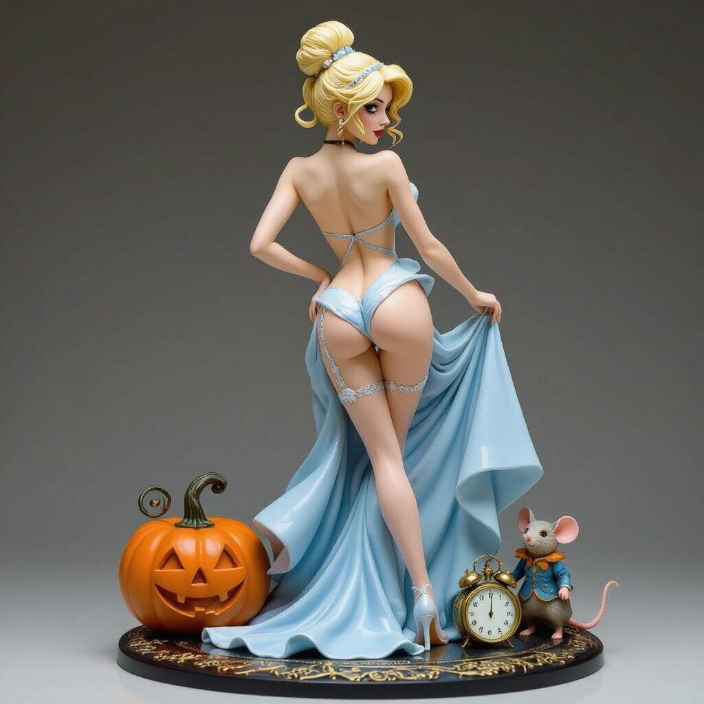 Stylized resin figure of Cinderella with a slender body. She has blonde hair and light skin. The figure stands in a suggestive pose adjusting her garter. Background includes a pumpkin, a pocket watch, and two mice. The art style is feminine and fantastical.