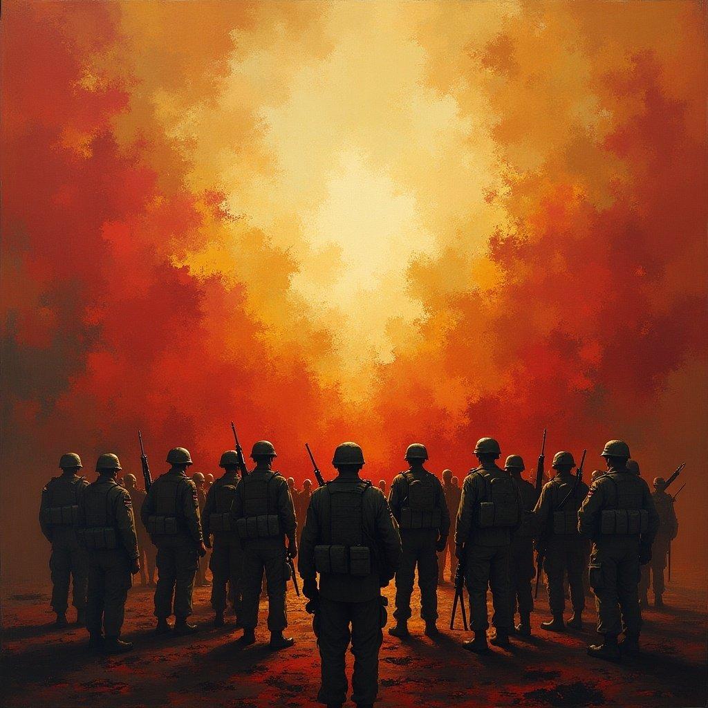 Silhouetted soldiers stand against a fiery backdrop. Soldiers appear determined and resolute. The scene evokes feelings of struggle for peace amid conflict. The background suggests a powerful clash of ideals.