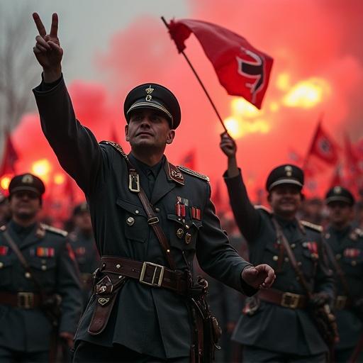 A historically accurate World War II German political rally, featuring attendees dressed in rave attire. A central figure in uniform is saluting, with a vibrant red background and flames creating dramatic lighting.