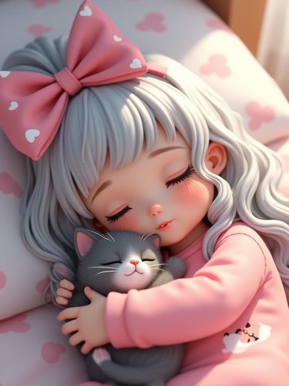A cute little girl with long wavy platinum and silver hair, large pink bow with white hearts. She lies on her side on a patterned bed, eyes closed, cuddling a sleeping gray kitten with white belly. One palm pressed against her cheek; the other wrapped around the kitten. Kitten snugly rests on her chest, paws relaxed. Girl in pink pajamas with kitten face, a light transparent sheet over the bed. Warm, relaxed atmosphere with emphasis on realistic anatomy and textures.