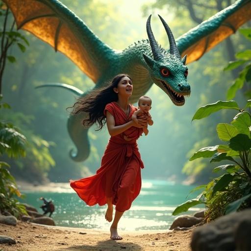 A young woman wearing a red sari runs barefoot along a jungle riverbank. She holds a vulnerable baby wrapped in red cloth. A massive flying serpent swoops down from the sky. The jungle is lush and sunlit with rocky riverbanks. The scene embodies panic and urgency.