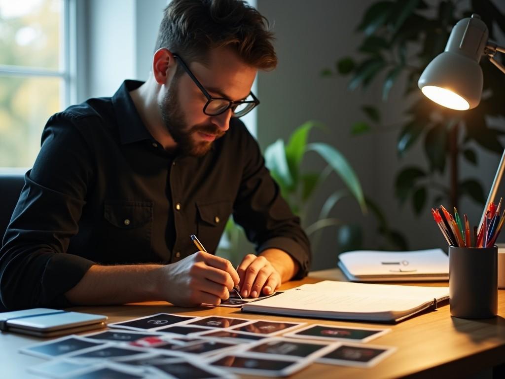 The image captures a focused man working at a desk surrounded by photographs. He is writing notes while looking at a collection of images spread out before him. The workspace features a desk lamp providing a warm glow, creating a cozy atmosphere. There are pens and a notebook on the desk, indicating a creative process in motion. Plants in the background add a touch of life to the environment, enhancing the overall creativity of the scene.