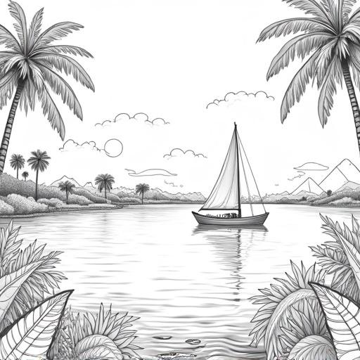 Black and white line art depicting an ancient Egyptian river scene. The Nile appears with lush foliage and a small wooden boat at the water's edge. A felucca with its sail glides on calm water. Palm trees line the river banks. Pyramid and mountain shapes are in the background under a soft cloud sky with the sun visible. The style is classic travel illustration emphasizing peace and balance.