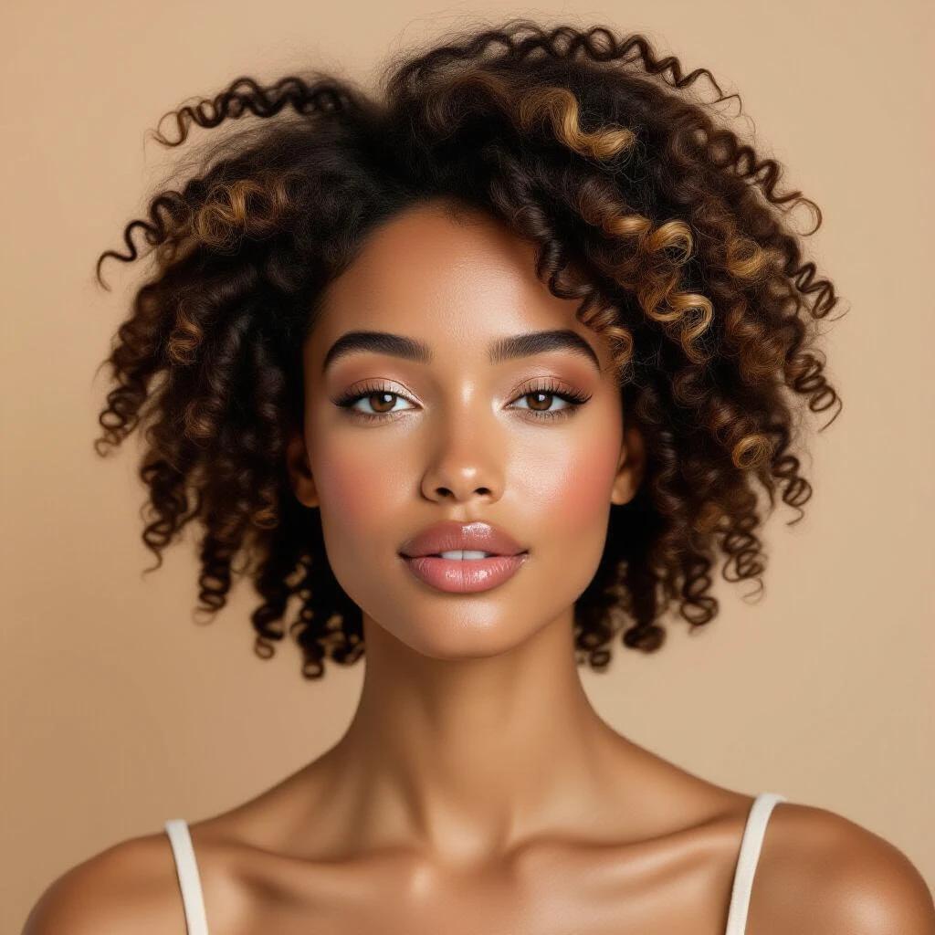 Portrait of an afro-descendant woman with natural curly hair. Realistic skin texture with visible freckles. Subtle makeup featured. Warm toned neutral background. Soft lighting similar to professional studio photography style.