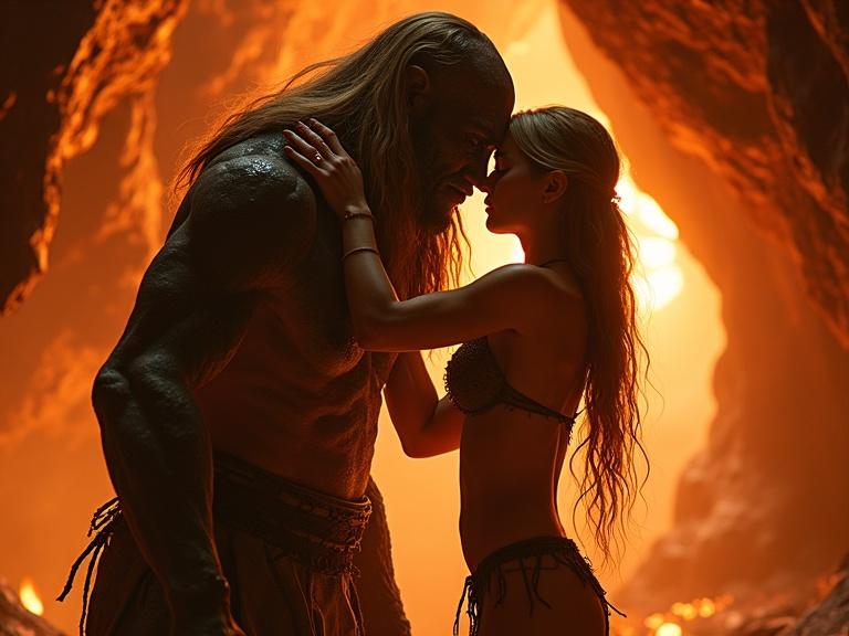 Close-up photo featuring a warrior girl with flowing gold hair. She wears a tattered loincloth and caresses a towering golem. They share a deep connection in a glowing lava cave. The background shows flickering firelight and stone walls with warm tones.