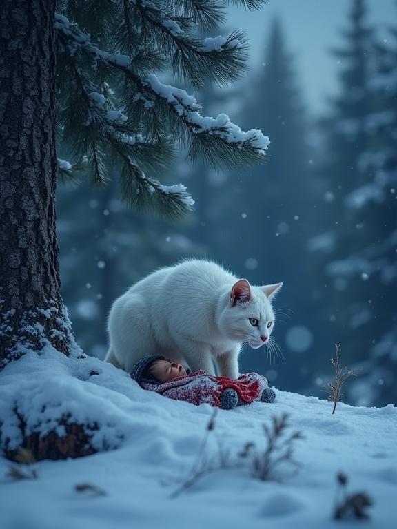 Sleek white cat with frosted fur underneath a pine tree. Human baby in a red blanket lying in snow. Dim blue twilight setting with snow falling.