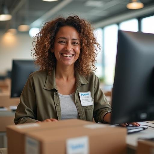 A woman with curly light brown hair and a cheerful smile works for Temu in a lively office setting. Several packages are around her and she interacts with computers. Her name tag reads Silvana Vargas – Temu Flow. The atmosphere is energetic and modern, showcasing a bright, tech-savvy workspace with comfortable clothing.