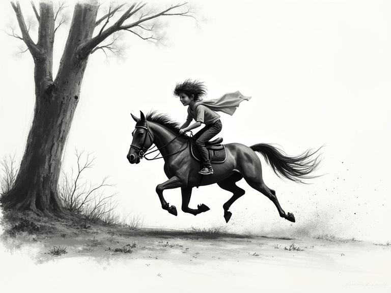 A young rider zooms past trees on a horse. Dynamic storyboard style with charcoal lines and minimal color wash. Evokes joy, speed, and energy.