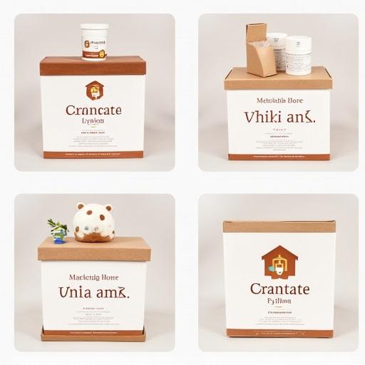 Oral care schedule with boxes. The boxes have brown and white graphics. Different boxes are arranged in a grid layout. Products related to health are visible. Design focuses on packaging aesthetics.