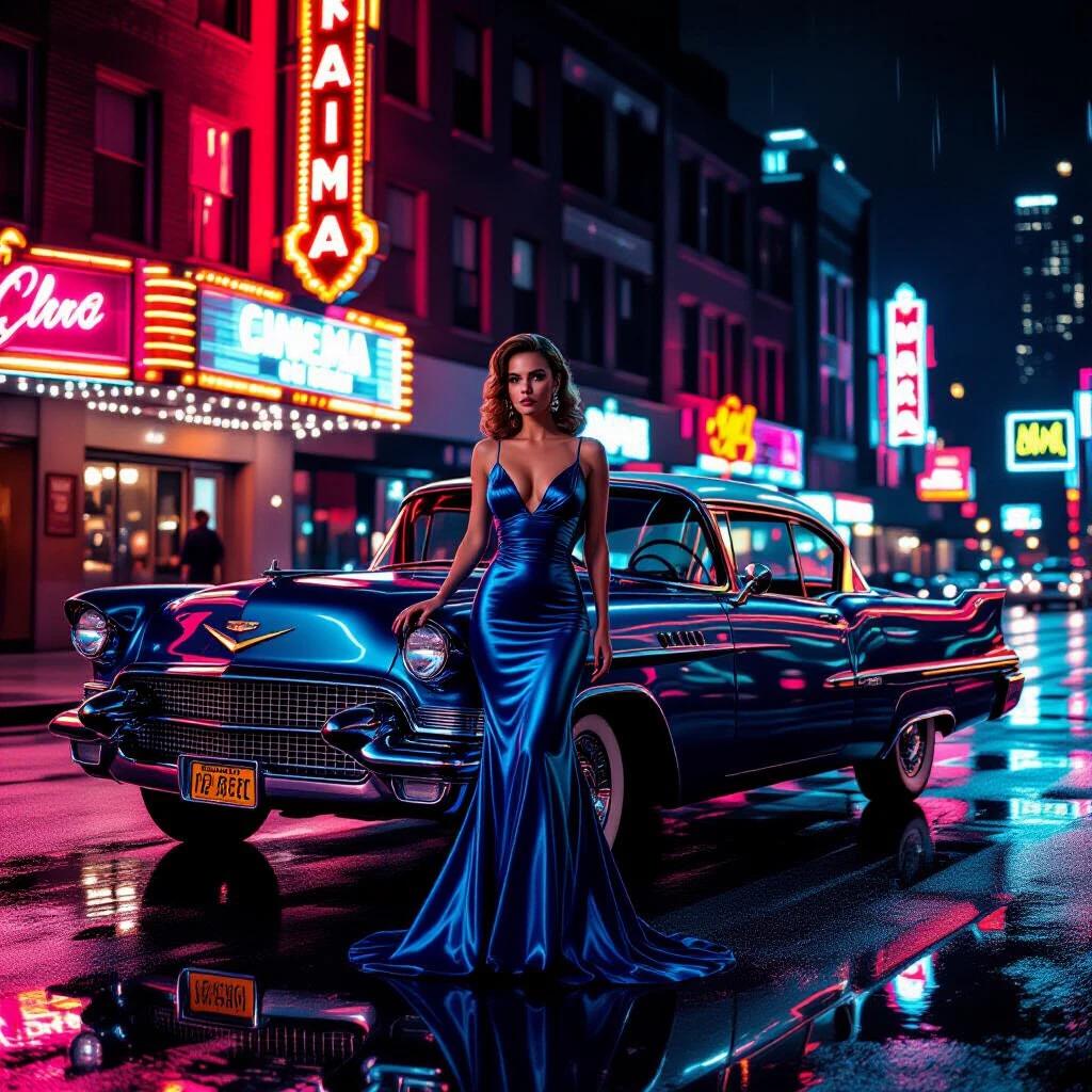 Hyperrealistic photography showcases a 1950s neon city street at night. A stunning woman in a deep ocean blue silk dress leans on a polished chrome 1957 Cadillac Eldorado. Rain creates perfect reflections on the asphalt. Vibrant neon signs illuminate the scene with moody lighting and volumetric fog. Shot with high-resolution camera techniques to capture fine details and textures.