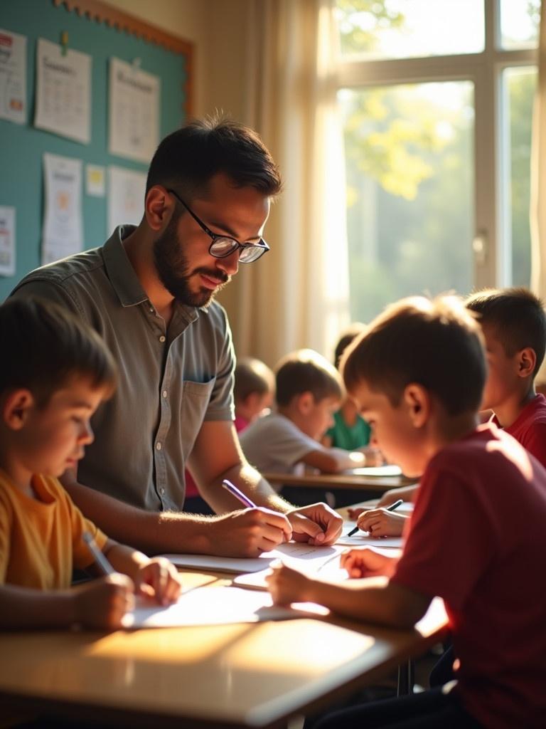 Classroom scene with teacher and first grade students learning. Sunlight coming through the window. Students working on assignments. Focus on interaction and engagement.