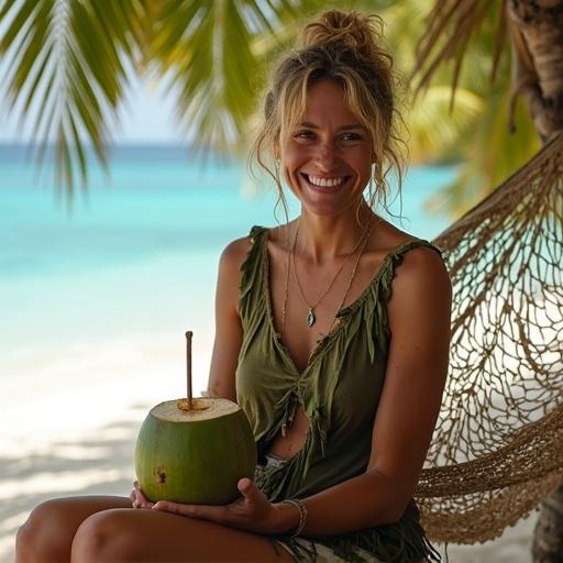 A cheerful woman thriving alone on a tropical beach. She smiles confidently. Tanned skin, messy sun-bleached hair. Creative makeshift clothing from leaves and modern clothes like a tank top. Sits beside a handmade hammock between palm trees. Drinks from a coconut with a bamboo straw. Improvised tools and crafts around her. Fishing net drying in the sun. Clear ocean in the background. Sunny weather. Happy and relaxed mood. Realistic lighting. 8K resolution. Tropical survival lifestyle.