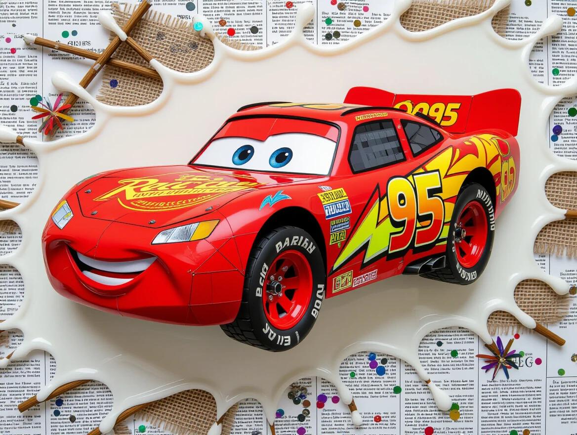 Fantasy artwork showcases a racecar inspired by Lightning McQueen made entirely from wood sticks. The sculpture captures the iconic shape and features like headlights and tires crafted from matches. It speeds along a rustic racetrack made of wood planks and bark, set in golden hour lighting. The artwork uses mixed media techniques like impasto and collage, showcasing textures of newspaper, jute, and glittering confetti for a playful aesthetic.