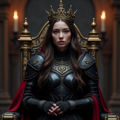 A young woman wears black and crimson gothic armor with an ornate crown. She stands in a dark throne room with magical glyphs. Her face is soft with a gentle smile and a blush. She avoids direct eye contact, glancing up shyly. Her posture is slightly hunched and fingers fidget together. She gestures toward an ornate chair, inviting someone to sit. Magical particles float around her. Lighting emphasizes texture and depth in a full-body shot.