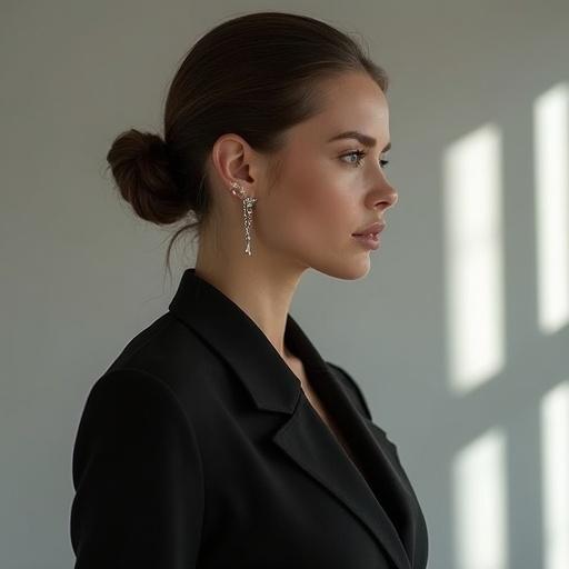 Chic woman in a tailored blazer with a slicked-back bun and diamond studs. Minimalist studio lighting highlights her style.
