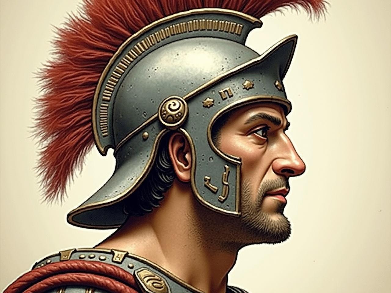 The image depicts a detailed profile of a historical figure wearing a classical helmet. The helmet features a distinctive plumed crest, indicating a military or warrior rank. The face has an intense expression, showcasing prominent facial features such as a strong jawline and defined nose. The materials appear to be a mix of metal and other textures, emphasizing the craftsmanship of the era. The background is simple and neutral, allowing the figure to stand out as the focal point of the image.