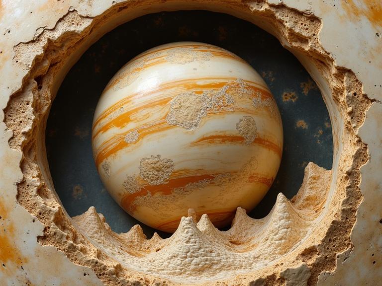 Scrimshaw carving of an alien planet that resembles Jupiter. Circular hole with textured edges. Planet exhibits stripes and patterns.