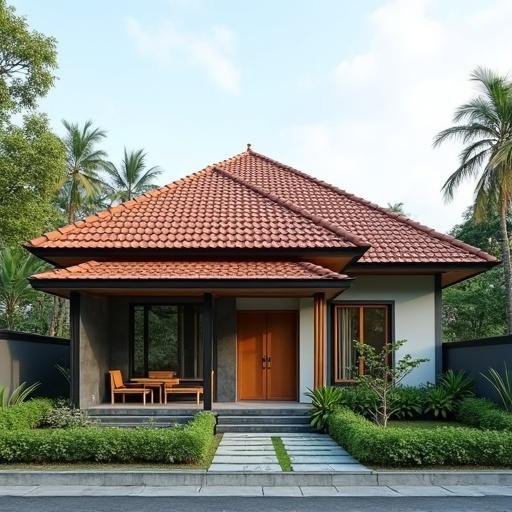 A single-story minimalist house typical in Indonesia features a tile roof. The design includes a wooden entrance and natural landscaping.